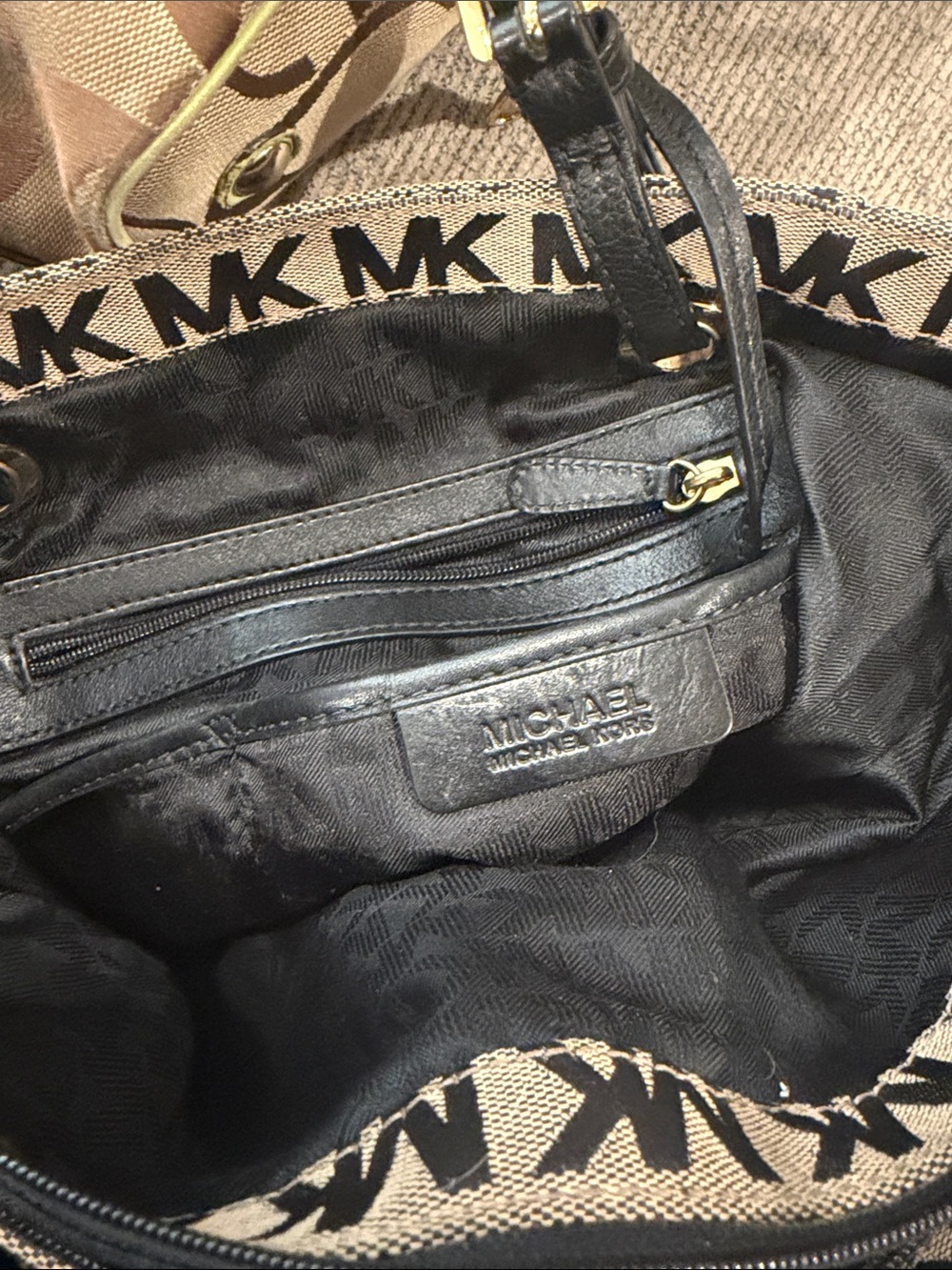 Michael Kors Black and Beige MK Logo Tote with Gold Charm - Picture 3 of 3